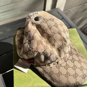 Gucci Tan Monogram Cap with receipt, box, hat cover